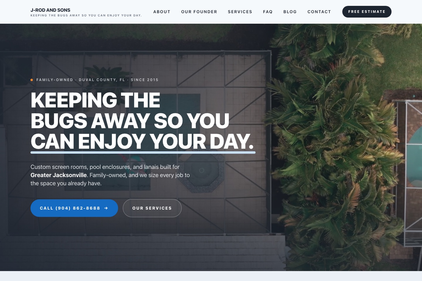 J-Rod and Sons Screen Rooms homepage — a screen enclosure company website built by Die Hard Digital